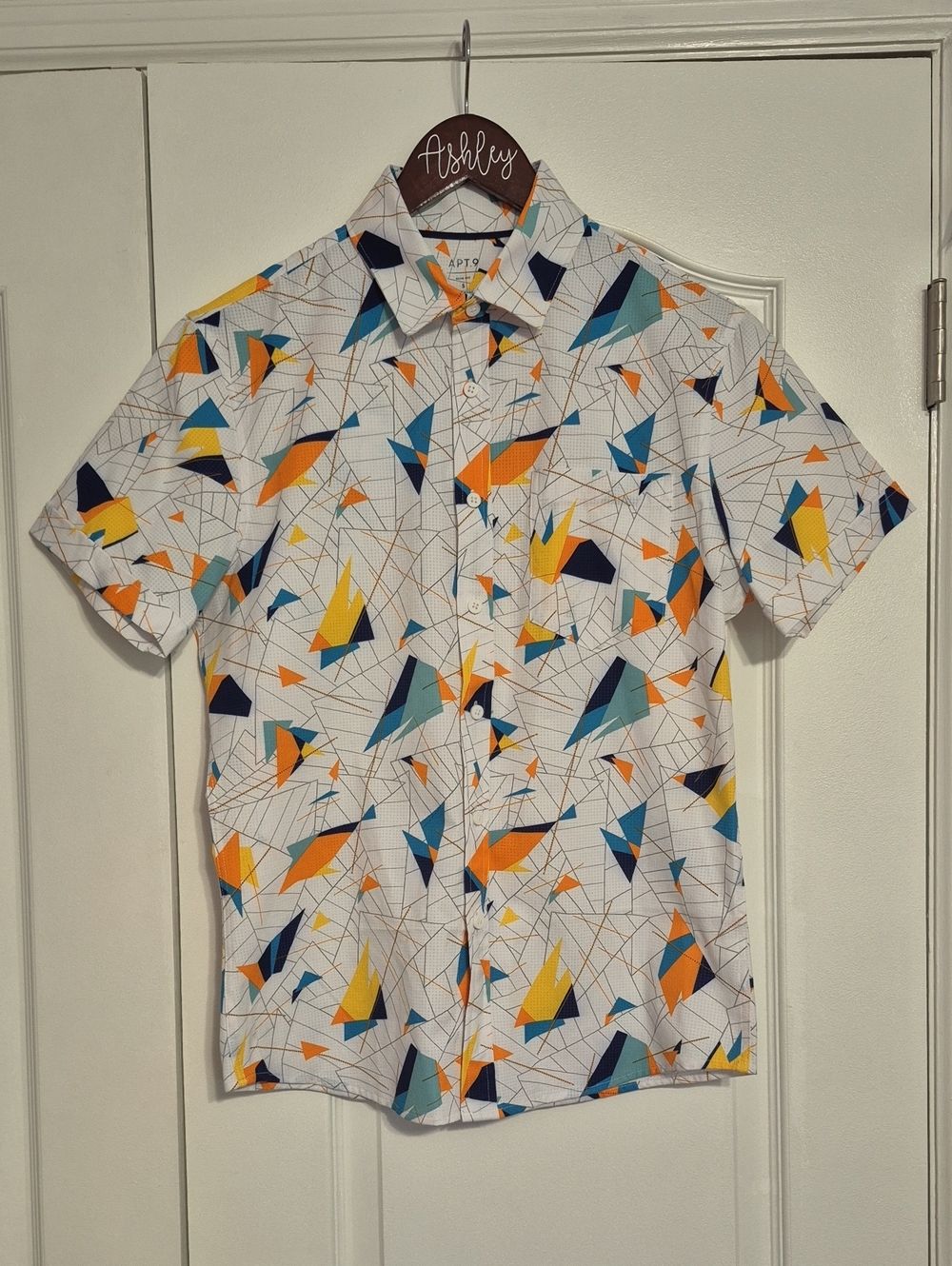 APT. 9 Men's White 90s Inspired Geometric Short-Sleeve Button-Up Slim Fit Shirt
